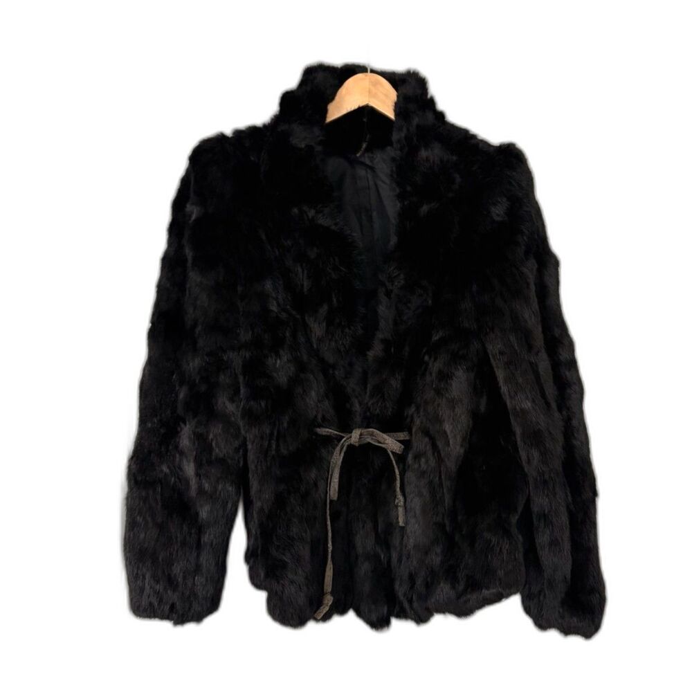 Vintage Black Rabbit Fur Coat Tie Waist Approx Size Medium